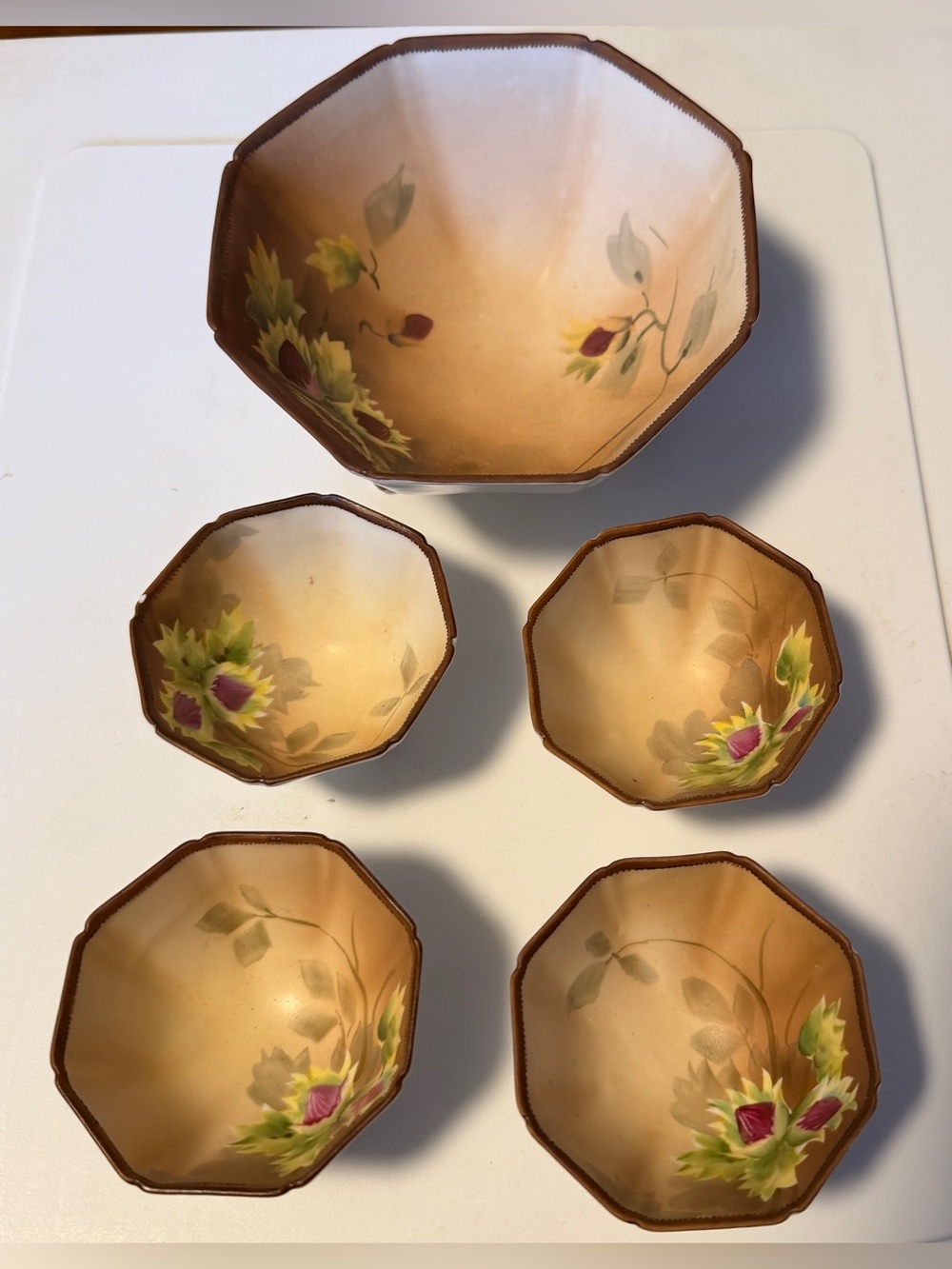 Nippon Moriage Nut Bowl Dish Set 5pc Serving Cups Footed Vintage